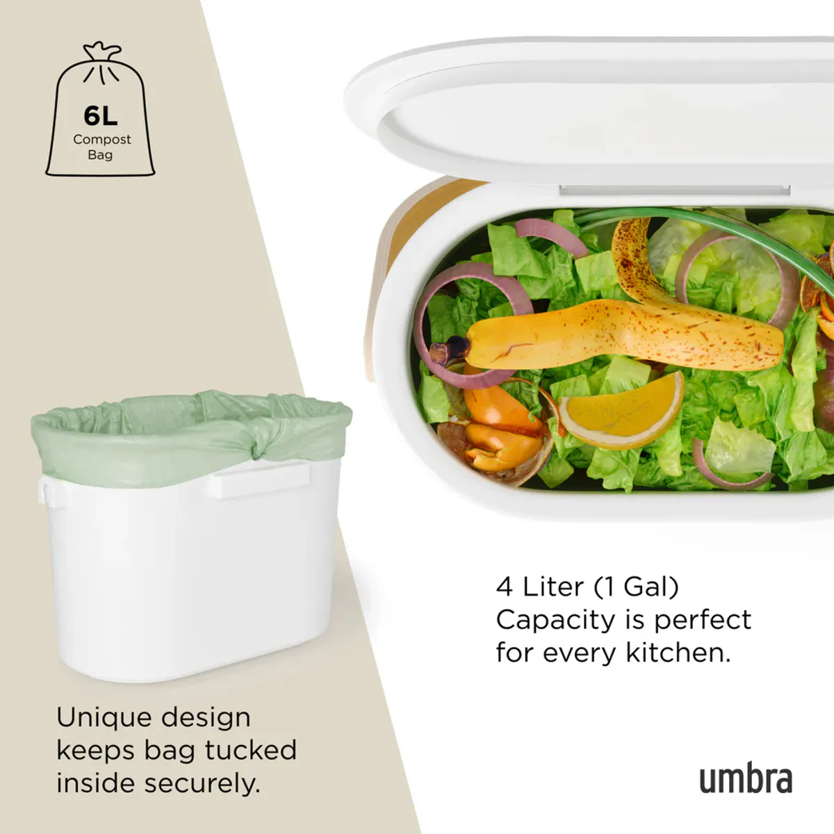 Umbra Bellwood Kompostbøtte 4 L Hvit/Natur